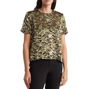 T TAHARI Women's Boxy Top Medium Olive Green Abstract Print Short Sleeve NWT